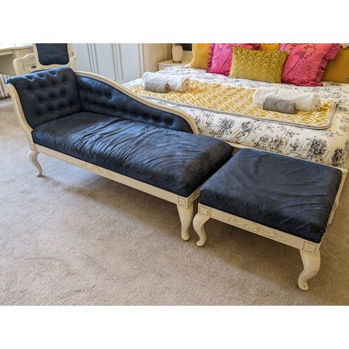 61 - Large Bespoke Handmade Chaise Lounge And Footstool, Ornately Carved Matches Furniture Previous, Dark... 