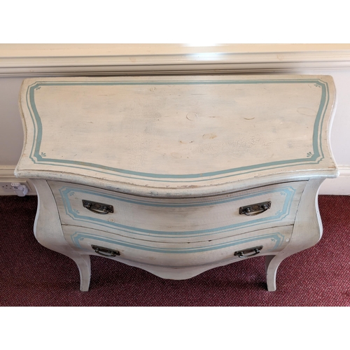 63 - Painted Bombe Commode 2 Drawer - Chic Style - Solid Wood, Blue / White Chic. Some Cracks but Not Aff... 