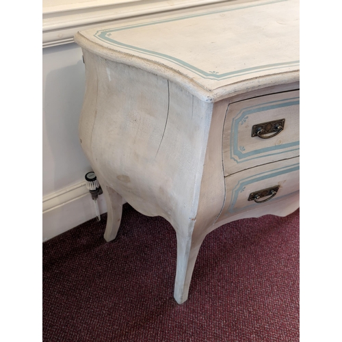 63 - Painted Bombe Commode 2 Drawer - Chic Style - Solid Wood, Blue / White Chic. Some Cracks but Not Aff... 