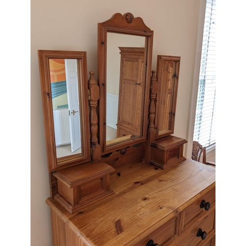 66 - Large 4+2 Drawer Solid Pine Tallboy / Chest of Drawers With Built in Three Leaf Dressing Mirror With... 