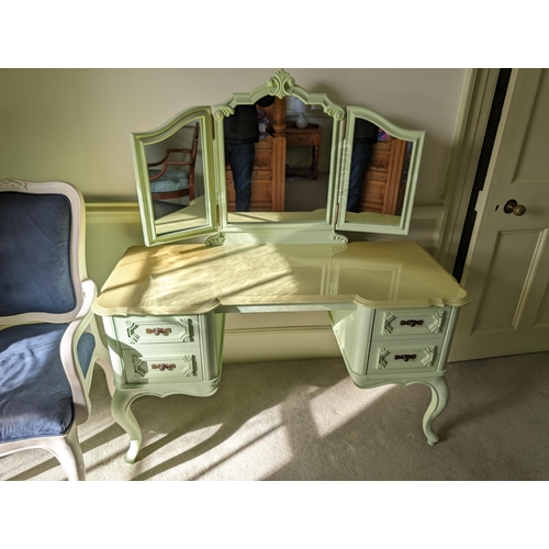 69 - Ornately Carved 4 Drawer Cabriole Leg Chic Green With Cream Top Bespoke Handmade Dressing Table With... 