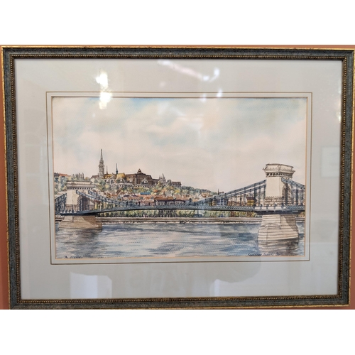 76 - Original Watercolour - Szechenyi Chain bridge Budapest - Signed Lower Right 54x40cm