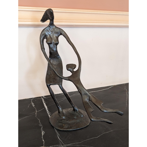 80 - Mid Century Bronzed Abstract Style Ornament - Mother Swinging Child 20x20x30cm