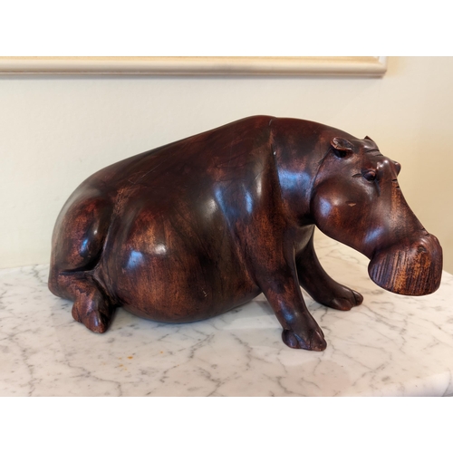 91 - Likely Teak Solid Wood Carved Hippo Ornament - Lovely Condition - 35x18x20cm