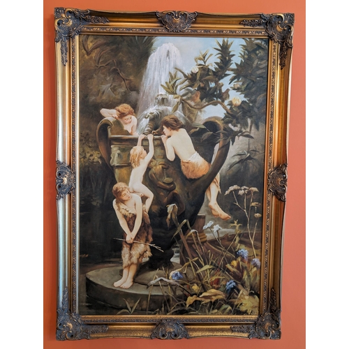 95 - Large Modern Reproduction Oil On Canvas - Fountain of Youth Signed Colville - Gilt Style Ornately Ca... 