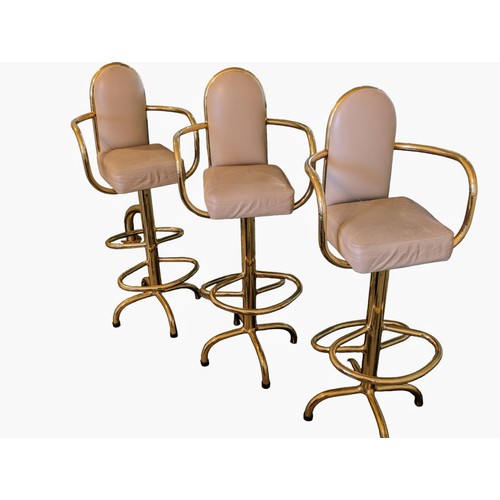 106 - Set of 3 Mid Century Extremely High Quality Very Heavy Solid Brass 1950s Bar Stools  With Rose Pink ... 