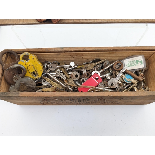 45 - Huge Selection of Vintage Keys Contained Within Vintage Wooden Port Box