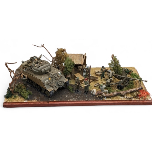 310 - Good Quality Scratch Built WW2 Diorama - 45x20cm Mounted on Wooden Plinth With Scenery / Models and ... 