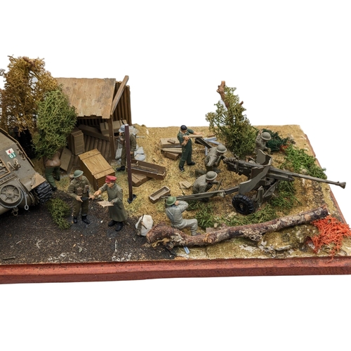 310 - Good Quality Scratch Built WW2 Diorama - 45x20cm Mounted on Wooden Plinth With Scenery / Models and ... 