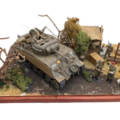 310 - Good Quality Scratch Built WW2 Diorama - 45x20cm Mounted on Wooden Plinth With Scenery / Models and ... 