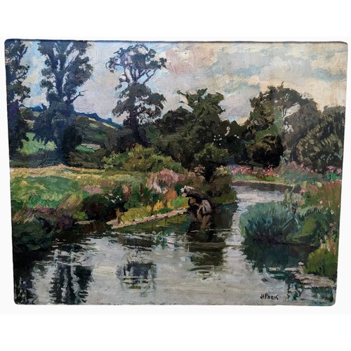 48C - JOHN ANTHONY PARK (BRITISH, 1880-1962)

C1949 RIVER LANDSCAPE SCENE OIL ON BOARD, PURCHASED 1949 ST.... 