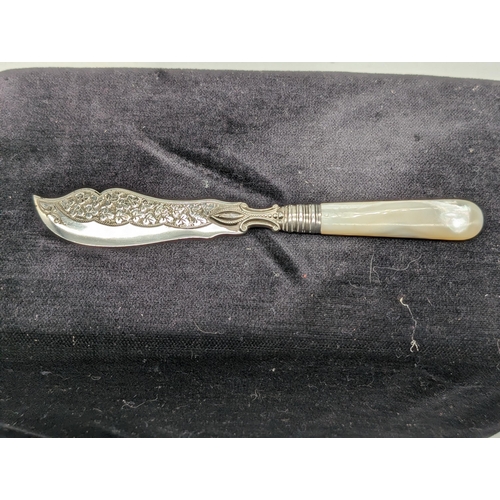 481 - Edwardian William Davenport 1894 Sterling Silver Fish Knife With Mother Of Pearl Handle 17cm 29.18g