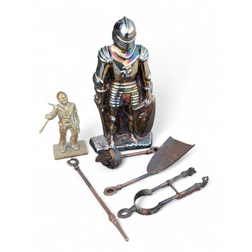 488 - Vintage Fireside Knight Companion Set With Tools Along With Brass Miner Figurine