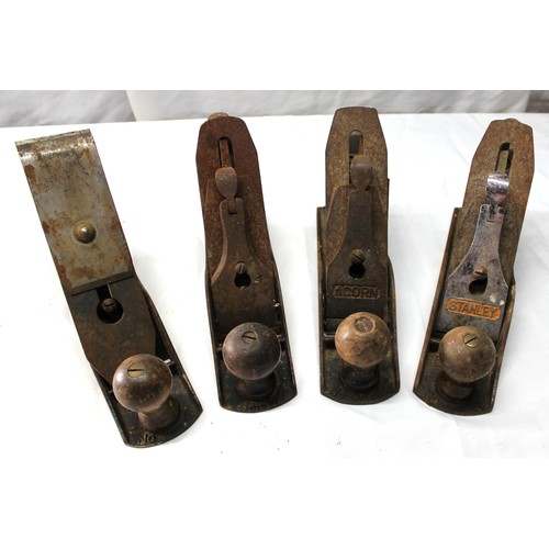 497 - Four Vintage Wood Planes to Include, Bailey, Stanley, Acorn No 4 Plus Antique Spoke Shave -