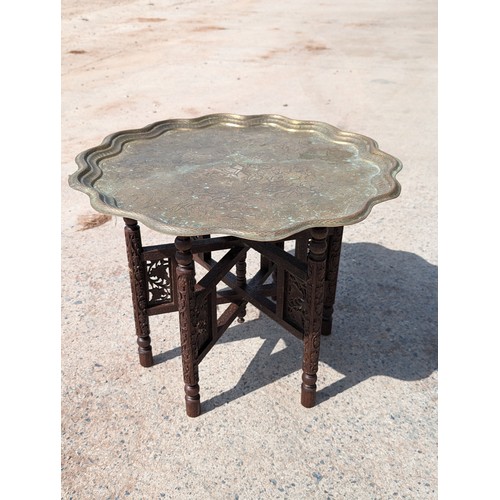 11 - Excellent Well carved Vintage Folding Moroccan Table With Large Scalloped Edge Brass Tray Top 60cm S... 