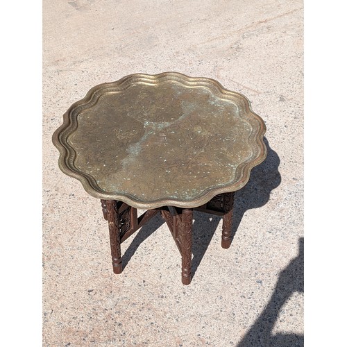 11 - Excellent Well carved Vintage Folding Moroccan Table With Large Scalloped Edge Brass Tray Top 60cm S... 