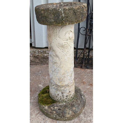 19 - Mill Stone Style Stone Birdbath - Well Weathered with Attractive Carved Design Throughout - Splits i... 