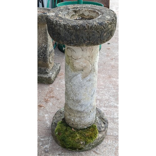 19 - Mill Stone Style Stone Birdbath - Well Weathered with Attractive Carved Design Throughout - Splits i... 