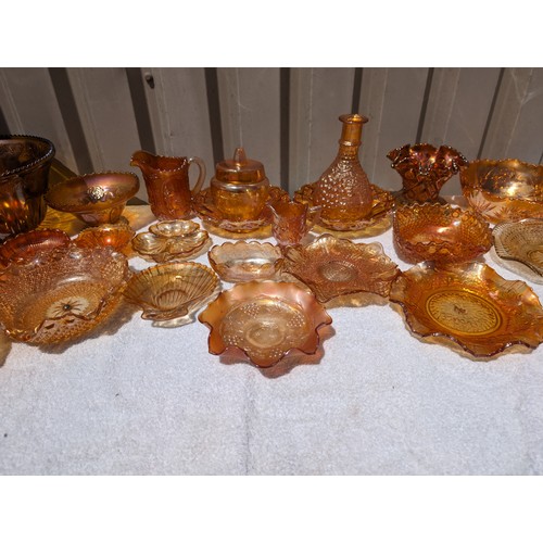 58 - Huge Collection of Amber Carnival Glass To Include 40cm Punch Bowl, Plates, Decanters, Shells Jugs E... 