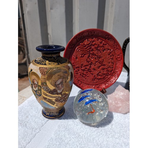 70 - Attractive Bundle Asian Ceramics / Figures, To Include; Vases, Cinnabar Style Plate, Cork Diorama, J... 