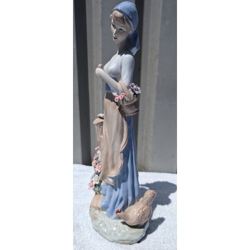 71 - Large Wonderful Ceramic Figurine of Lady With Basket of Flowers With Chicken At Her Feet No Damages ... 