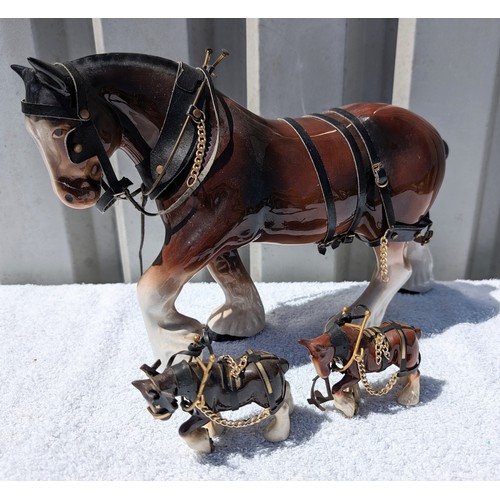 91 - Qty (3) Vintage Ceramic Horses, Unmarked as Can see. Largest 30cm Two Smaller 7cm