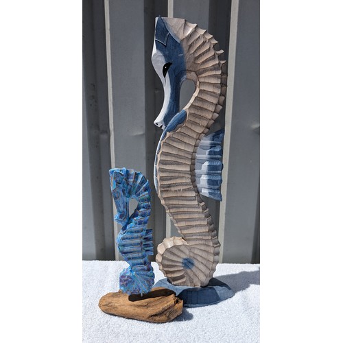 92 - Pair Large Wooden Decorative Seahorses, One With Driftwood Base Largest 50cm