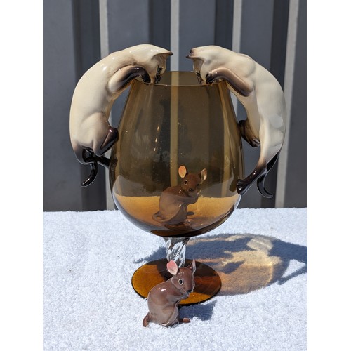 95 - Vintage Beswick Siamese Climbing Cat and Mouse Ornaments On Glass - Mouse has Repair To Foot, Comes ... 
