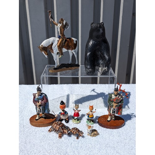 102 - Chuck Ren Brass Red Indian & Horse Figurine Entitled Deliverance, Two Scottish Piper Statues 15cm, N... 