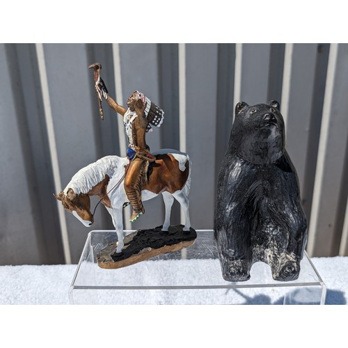 102 - Chuck Ren Brass Red Indian & Horse Figurine Entitled Deliverance, Two Scottish Piper Statues 15cm, N... 