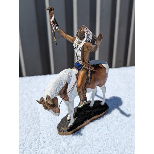 102 - Chuck Ren Brass Red Indian & Horse Figurine Entitled Deliverance, Two Scottish Piper Statues 15cm, N... 