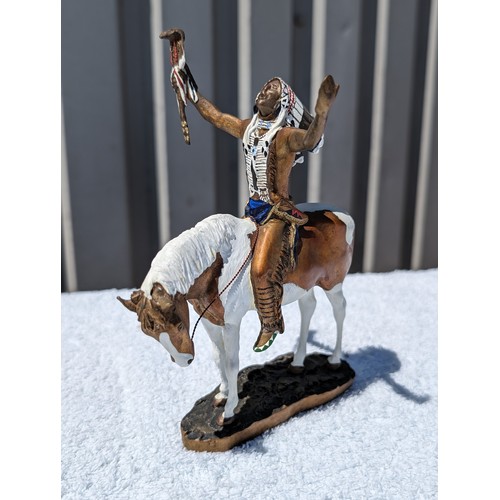 102 - Chuck Ren Brass Red Indian & Horse Figurine Entitled Deliverance, Two Scottish Piper Statues 15cm, N... 