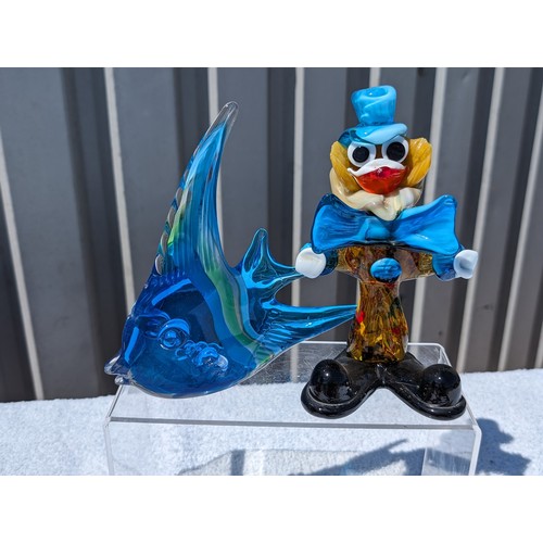 103 - Quantity (7) Murano Glass Figures, Two Large Cockerels 25cm, Clwon, Large Fish 20cm, Two Small Amber... 