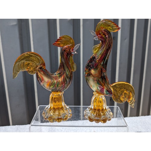 103 - Quantity (7) Murano Glass Figures, Two Large Cockerels 25cm, Clwon, Large Fish 20cm, Two Small Amber... 