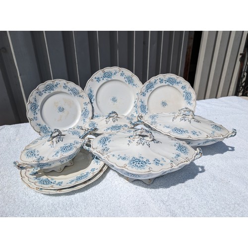 112 - Quantity Antique Blue / Gold Floral Dinnerware - Tureens Dishes Etc No Makers Marks