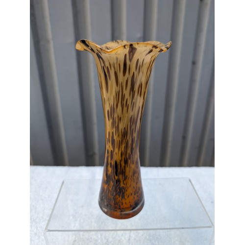 115 - Vintage Mid Century Amber Glass Art Tortoise Shell Style Spatter Vase 30cm