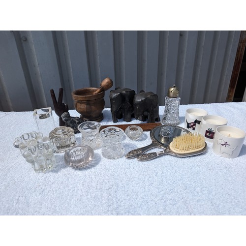 121 - Eclectic Bundle Ornaments, Pestle & Mortar, Carved Ebony Elepahnts, Cut Glass Inkwells Etc