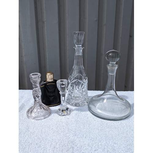 131 - Selection of Vintage Crystal / Cut Glass Decanters Including Large Ships Decanter, Candle Sticks Etc... 