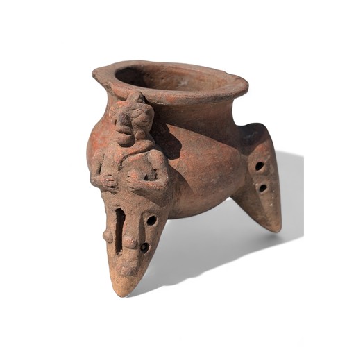 40 - Ancient Pre Columbian Tripod Pedestal Bowl Vessel With Figural To One Tripod. Some Chipping to Rim B... 