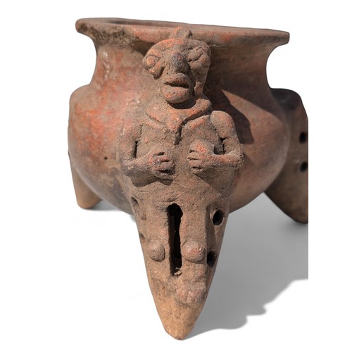 40 - Ancient Pre Columbian Tripod Pedestal Bowl Vessel With Figural To One Tripod. Some Chipping to Rim B... 