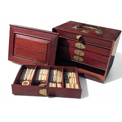 57 - Vintage Mahjong Set - Bone and Bamboo, Housed Over Four Drawers With Brass Furniture. Appears Comple... 