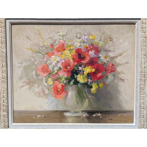 71 - Excellent Pierre Baeschlin Oil on Panel - Poppies Etc In Vase - Signed Lower Right Gallery Label Ver... 