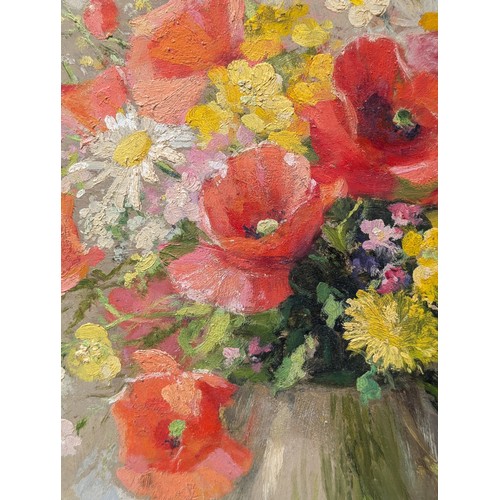 71 - Excellent Pierre Baeschlin Oil on Panel - Poppies Etc In Vase - Signed Lower Right Gallery Label Ver... 