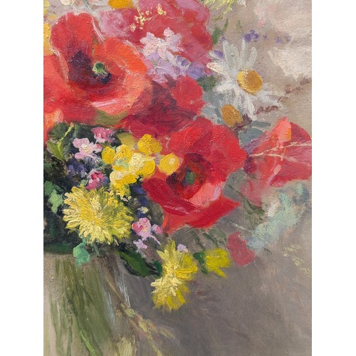 71 - Excellent Pierre Baeschlin Oil on Panel - Poppies Etc In Vase - Signed Lower Right Gallery Label Ver... 