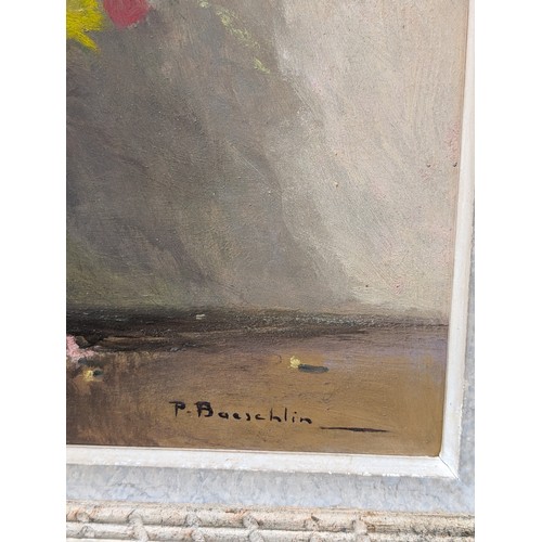 71 - Excellent Pierre Baeschlin Oil on Panel - Poppies Etc In Vase - Signed Lower Right Gallery Label Ver... 