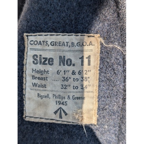 94 - 1945 Military Issue Wool Great Coat Size 11 - Bignell Philips and Greene Some Fading And General Mar... 