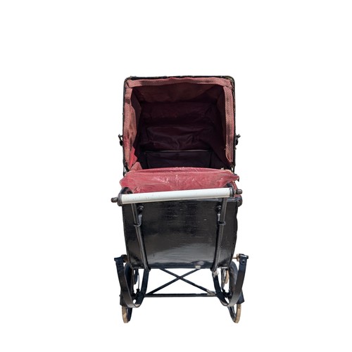 117 - Small Coach Built Victorian Pram With Ceramic Handle Leather Insides, Possibly Model Boston. Base ha... 