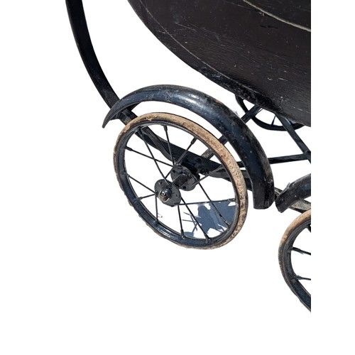 117 - Small Coach Built Victorian Pram With Ceramic Handle Leather Insides, Possibly Model Boston. Base ha... 