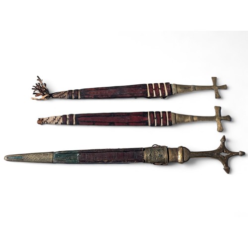 120 - Trio African Tuareg Swords, Brass Hilts. Original Scabbards, All Apear In Good Condition 15