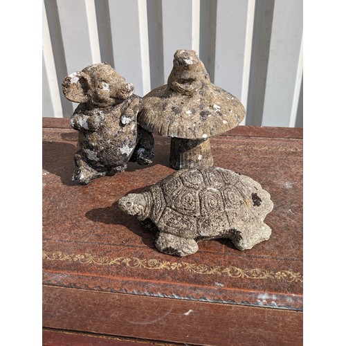 165 - Group Reconstituted Stone Garden Ornaments In Form Of Frog On Toadstool, Turtle And Pig.